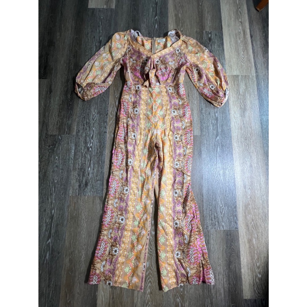 Sandro Dieppe Jumpsuit Womens 40 Beige Floral Paisley linen Blend Wide Leg Boho